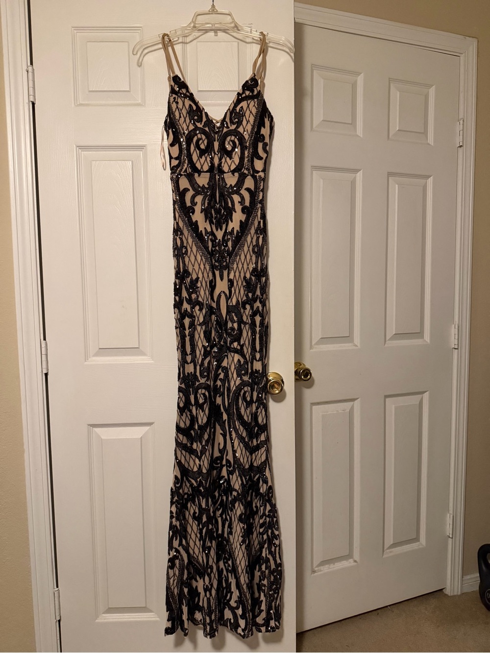Beaded Black Overlay Maxi Dress in Nude - Elegant Spaghetti Strap Evening Gown